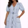 Eloziny Premium Light Wash Balloon Sleeve Denim Dress