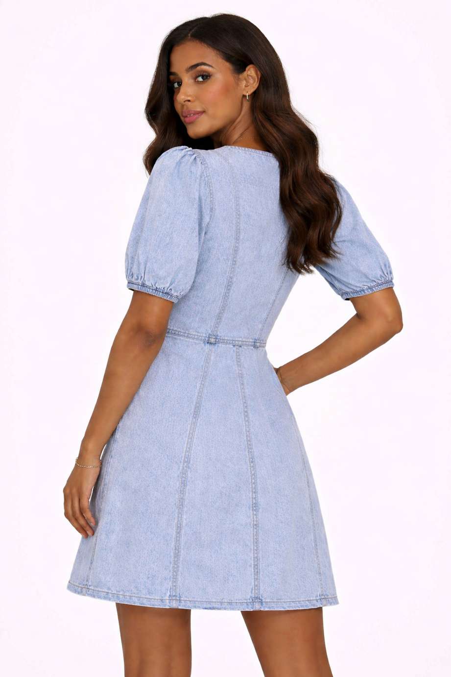Eloziny Premium Light Wash Balloon Sleeve Denim Dress