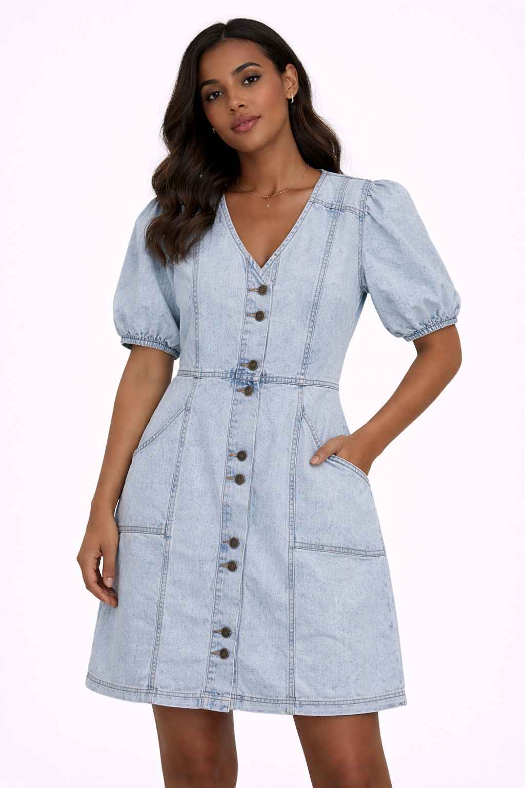 Eloziny Premium Light Wash Balloon Sleeve Denim Dress