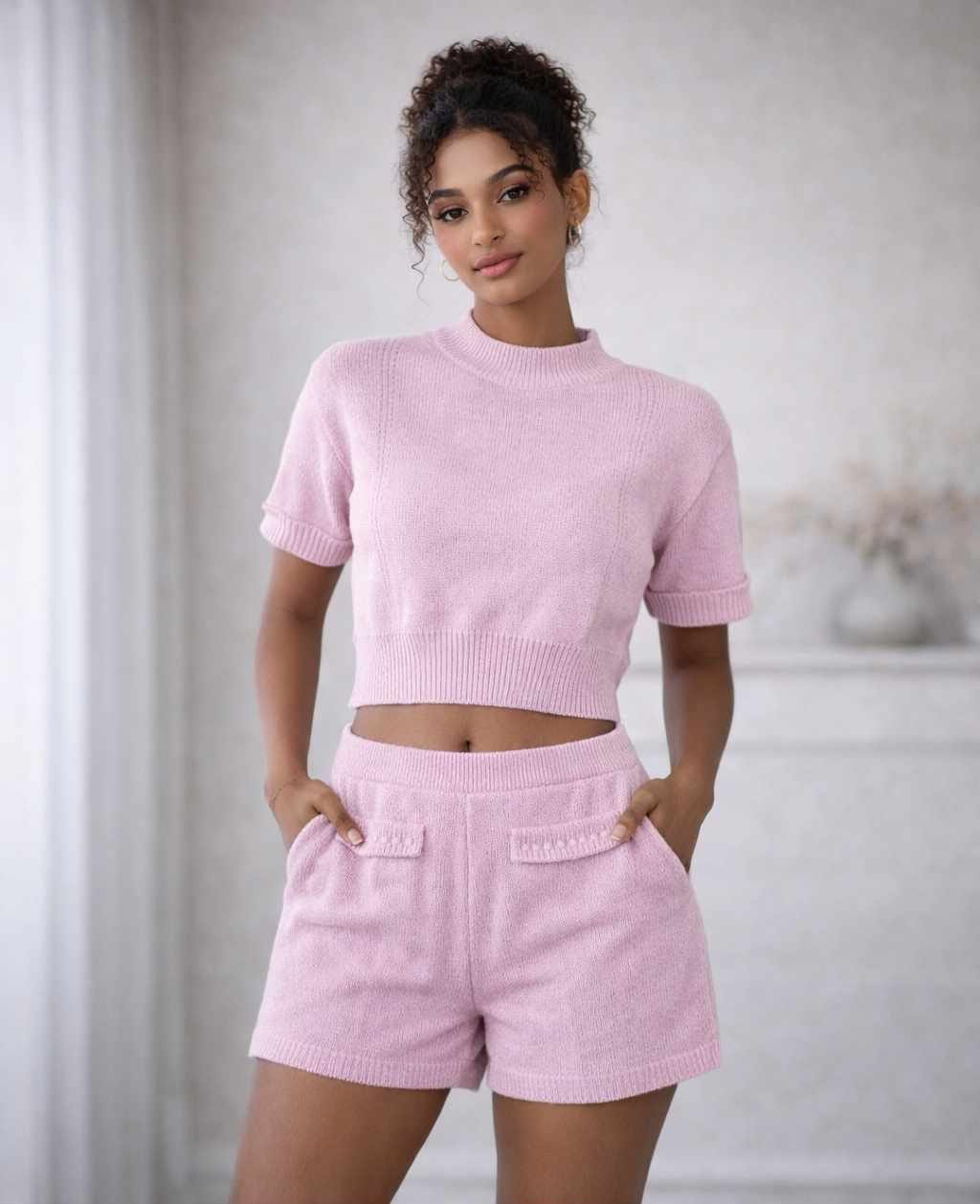 Pink Knit Crop Top & Shorts Set