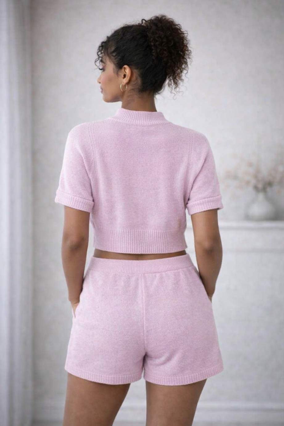 Pink Knit Crop Top & Shorts Set