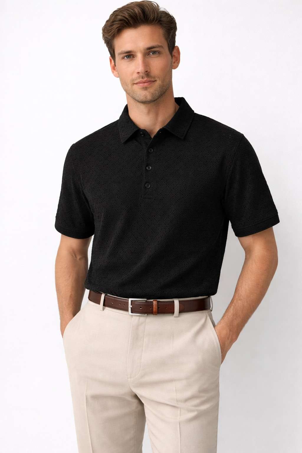 Eloziny Men Black Textured Polo