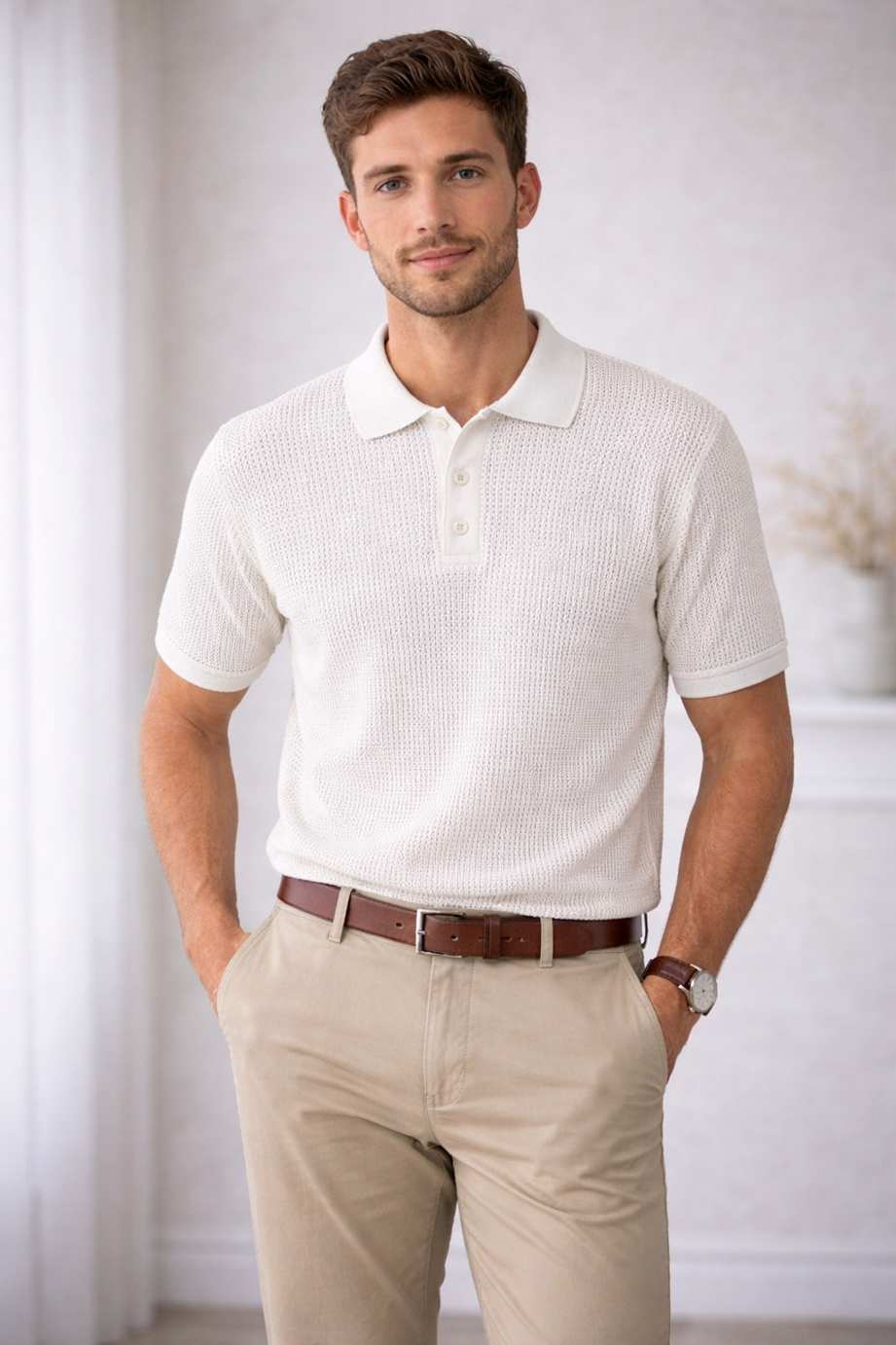 Eloziny Premium Off-White Open Knit Polo