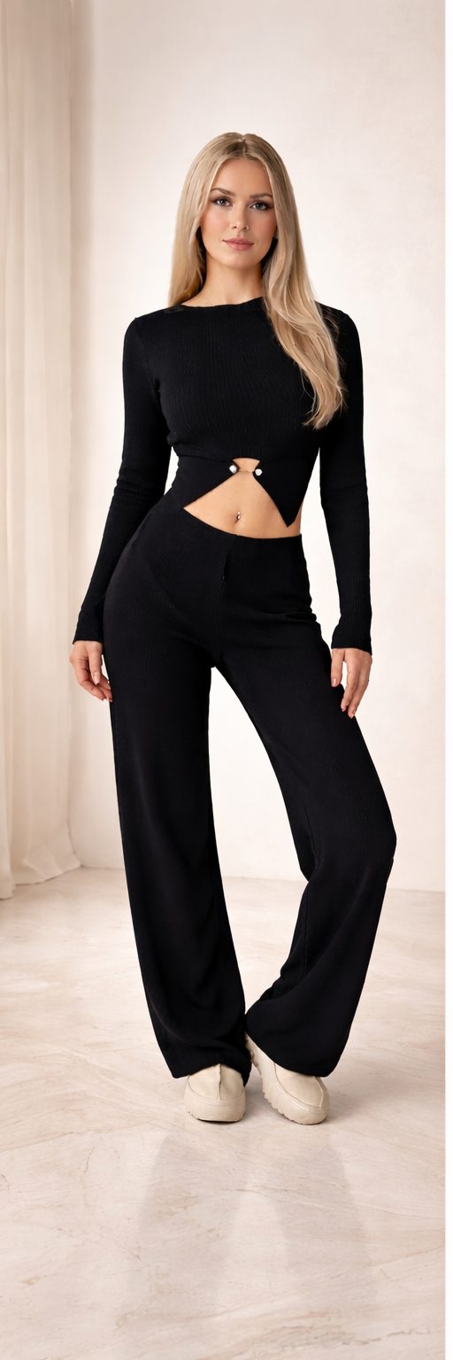 Eloziny Black Ribbed Knit Two-Piece Set