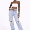 Light Wash Distressed Wide-Leg Jeans – Women