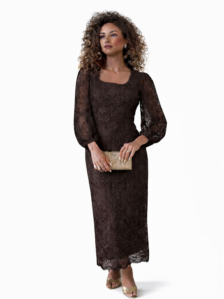 ELOZINY PREMIUM Brown Lace Midi Dress