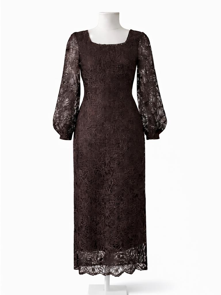ELOZINY PREMIUM Brown Lace Midi Dress